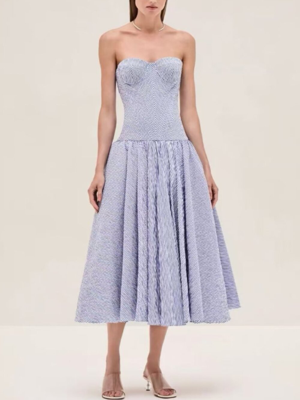 Alexis Blue and White Striped Strapless Midi Dress - Picture 4 of 10